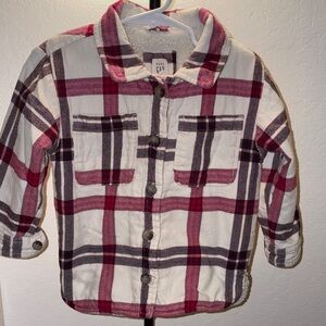 GAP Cream Plaid Button-Down Shirt Jacket with Burgundy Stripes